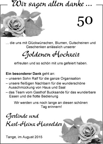 Hochzeitsanzeige von Gerlinde Hasselder von Nordwest-Zeitung