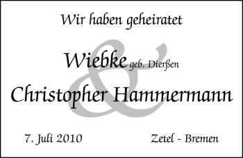Hochzeitsanzeige von Wiebke Hammermann von Nordwest-Zeitung