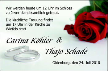 Hochzeitsanzeige von Carina Köhler von Nordwest-Zeitung