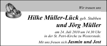 Hochzeitsanzeige von Hilke Müller-Lück von Nordwest-Zeitung