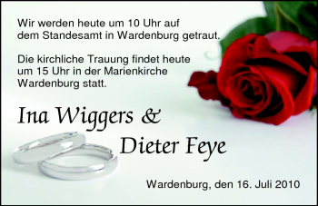 Hochzeitsanzeige von Ina Wiggers-Feye von Nordwest-Zeitung