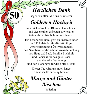 Hochzeitsanzeige von Marga Böschen von Nordwest-Zeitung