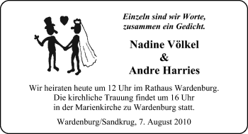 Hochzeitsanzeige von Nadine Völkel von Nordwest-Zeitung