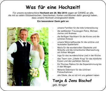 Hochzeitsanzeige von Tanja Bischof von Nordwest-Zeitung