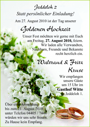 Hochzeitsanzeige von Waltraud Kruse von Nordwest-Zeitung