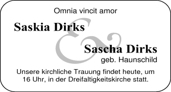 Hochzeitsanzeige von Saskia Dirks von Nordwest-Zeitung