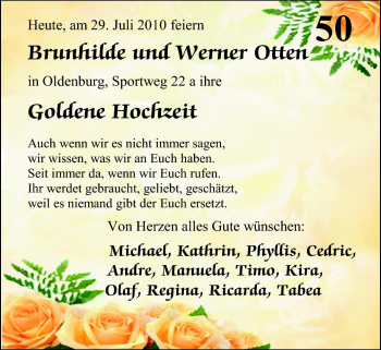 Hochzeitsanzeige von Brunhilde Otten von Nordwest-Zeitung