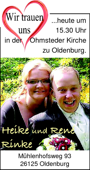 Hochzeitsanzeige von Heike Rinke von Nordwest-Zeitung