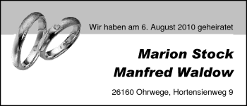 Hochzeitsanzeige von Manfred Waldow von Nordwest-Zeitung