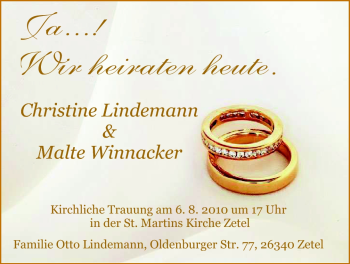 Hochzeitsanzeige von Christine Lindemann von Nordwest-Zeitung
