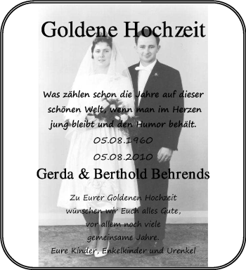 Hochzeitsanzeige von Gerda Behrends von Nordwest-Zeitung