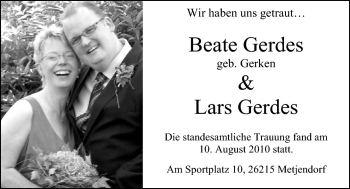 Hochzeitsanzeige von Beate Gerdes von Nordwest-Zeitung
