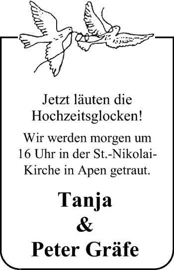 Hochzeitsanzeige von Tanja Gräfe von Nordwest-Zeitung