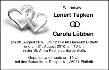 Hochzeitsanzeige von Carola Lübben von Nordwest-Zeitung