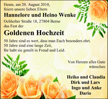 Hochzeitsanzeige von Hannelore  von Nordwest-Zeitung