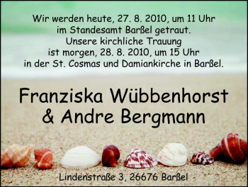 Hochzeitsanzeige von Franziska Wübbenhorst von Nordwest-Zeitung
