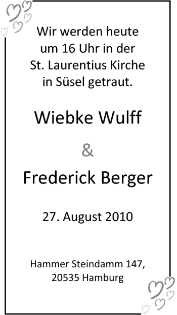 Hochzeitsanzeige von Wiebke Wulff von Nordwest-Zeitung