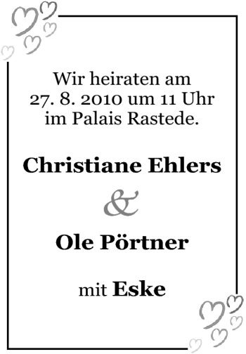 Hochzeitsanzeige von Christiane  Ehlers von Nordwest-Zeitung