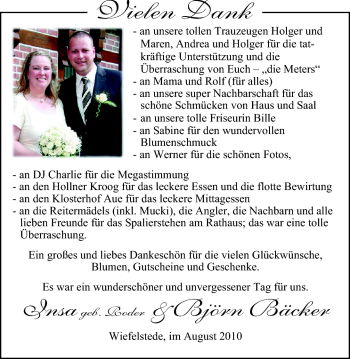 Hochzeitsanzeige von Insa Bäcker von Nordwest-Zeitung