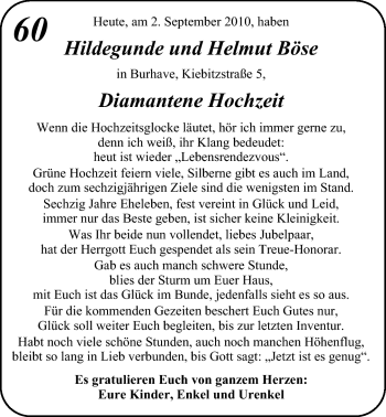 Hochzeitsanzeige von Hildegunde Bösel von Nordwest-Zeitung