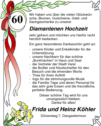 Hochzeitsanzeige von Frida Köhler von Nordwest-Zeitung