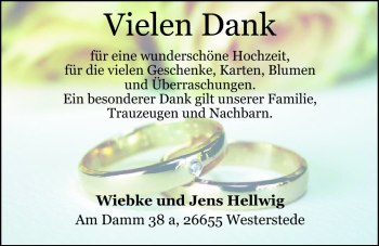 Hochzeitsanzeige von Wiebke Hellwig von Nordwest-Zeitung