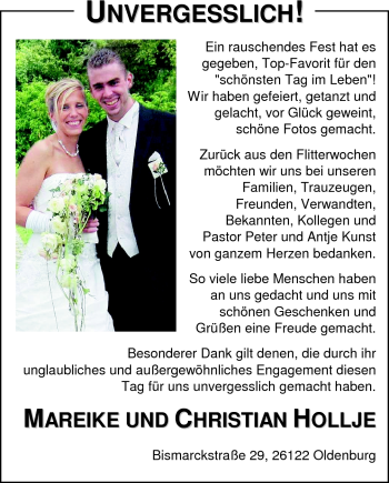 Hochzeitsanzeige von Mareike Hollje von Nordwest-Zeitung