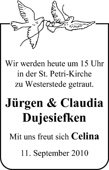 Hochzeitsanzeige von Jürgen Dujesiefken von Nordwest-Zeitung