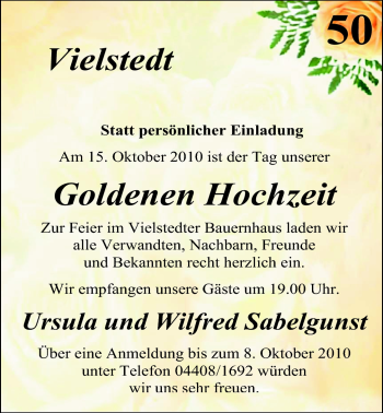 Hochzeitsanzeige von Ursula Sabelgunst von Nordwest-Zeitung
