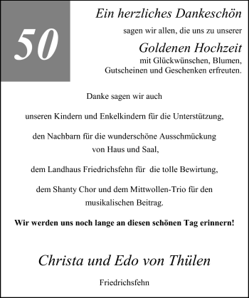 Hochzeitsanzeige von Christa von Thülen von Nordwest-Zeitung