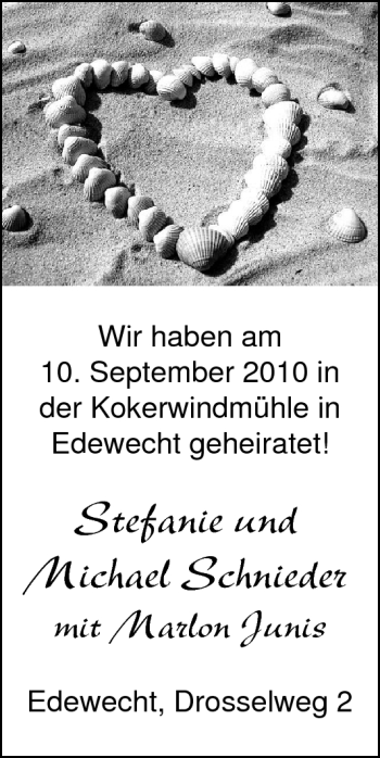 Hochzeitsanzeige von Stefanie Schnieder von Nordwest-Zeitung