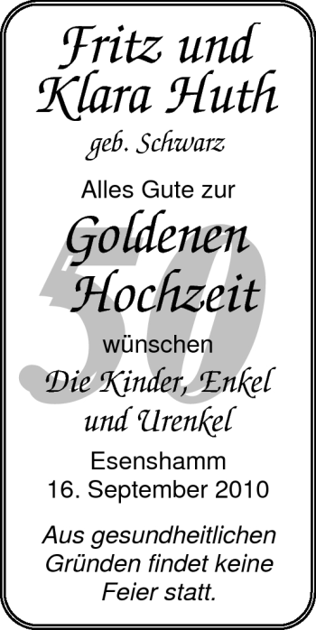 Hochzeitsanzeige von Fritz Huth von Nordwest-Zeitung