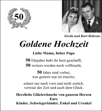 Hochzeitsanzeige von Gerda Behrens von Nordwest-Zeitung