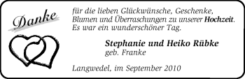 Hochzeitsanzeige von Stephanie Rübke von Nordwest-Zeitung