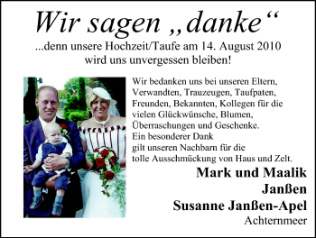Hochzeitsanzeige von Susanne Janßen-Apel von Nordwest-Zeitung