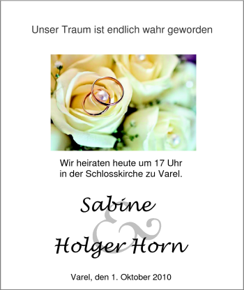 Hochzeitsanzeige von Sabine Horn von Nordwest-Zeitung