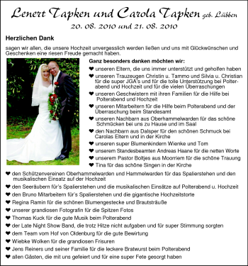 Hochzeitsanzeige von Carola Tapken von Nordwest-Zeitung