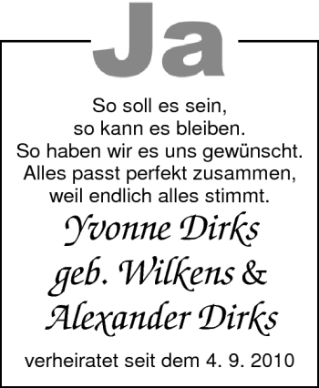 Hochzeitsanzeige von Yvonne Dirks von Nordwest-Zeitung