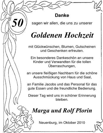 Hochzeitsanzeige von Marga Plorin von Nordwest-Zeitung