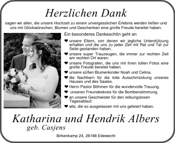 Hochzeitsanzeige von Katharina Albers von Nordwest-Zeitung