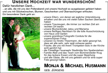Hochzeitsanzeige von Monja Husmann von Nordwest-Zeitung