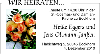 Hochzeitsanzeige von Heike Eggers von Nordwest-Zeitung