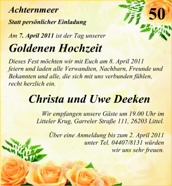 Hochzeitsanzeige von Christa Deeken von Nordwest-Zeitung