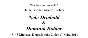 Hochzeitsanzeige von Nele Driebold von Nordwest-Zeitung