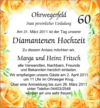Hochzeitsanzeige von Marga Fritsch von Nordwest-Zeitung