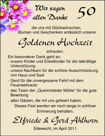 Hochzeitsanzeige von Elfriede Ahlhorn von Nordwest-Zeitung