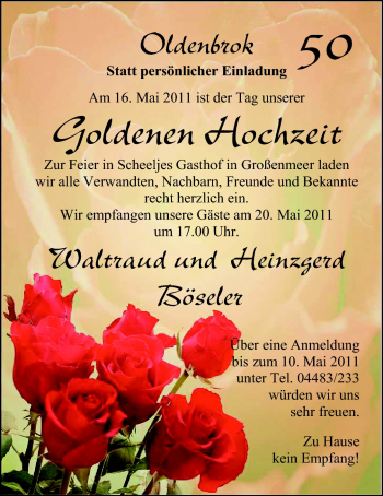 Hochzeitsanzeige von Waltraud Böseler von Nordwest-Zeitung