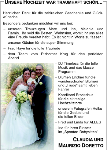 Hochzeitsanzeige von Claudia Doretto von Nordwest-Zeitung