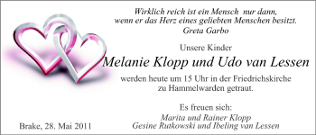 Hochzeitsanzeige von Melanie Klopp von Nordwest-Zeitung