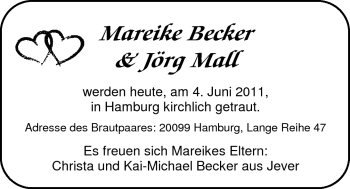 Hochzeitsanzeige von Mareike Becker von Nordwest-Zeitung